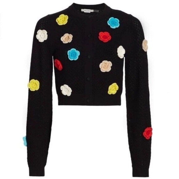 Alice + Olivia Selma Floral Colorful Crochet Pointelle Cardigan {$440} Buttons M - Picture 1 of 11